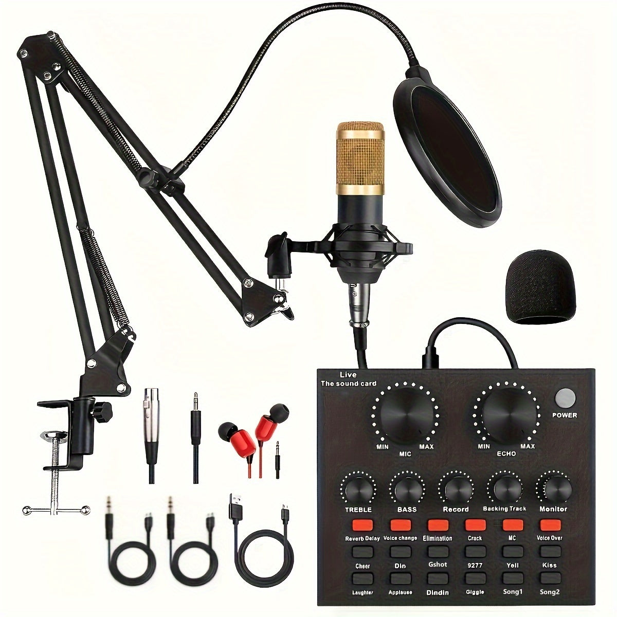 Mini microphone kit for recording, broadcasting, and live streaming with BM800 condenser microphone and V8s audio interface.