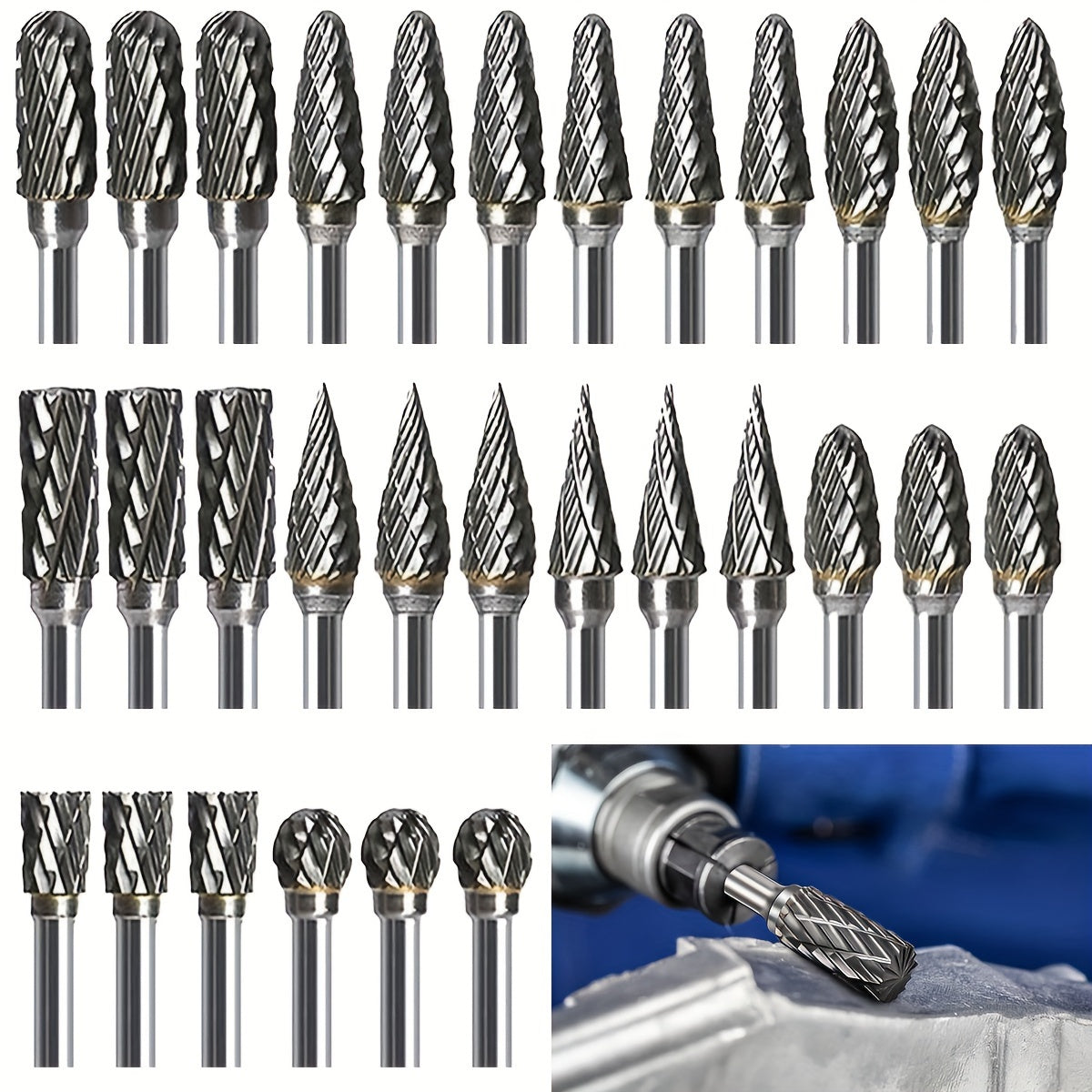 30-piece carbide rotary drill bit set with 1/8" handle for woodworking, engraving, drilling, and steel.