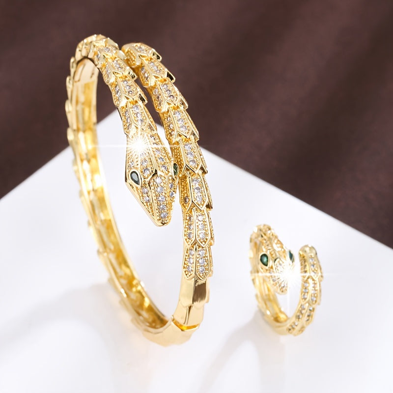 Chic Serpent-inspired Jewelry Set adorned with Zirconia for Women's Bracelet and Ring