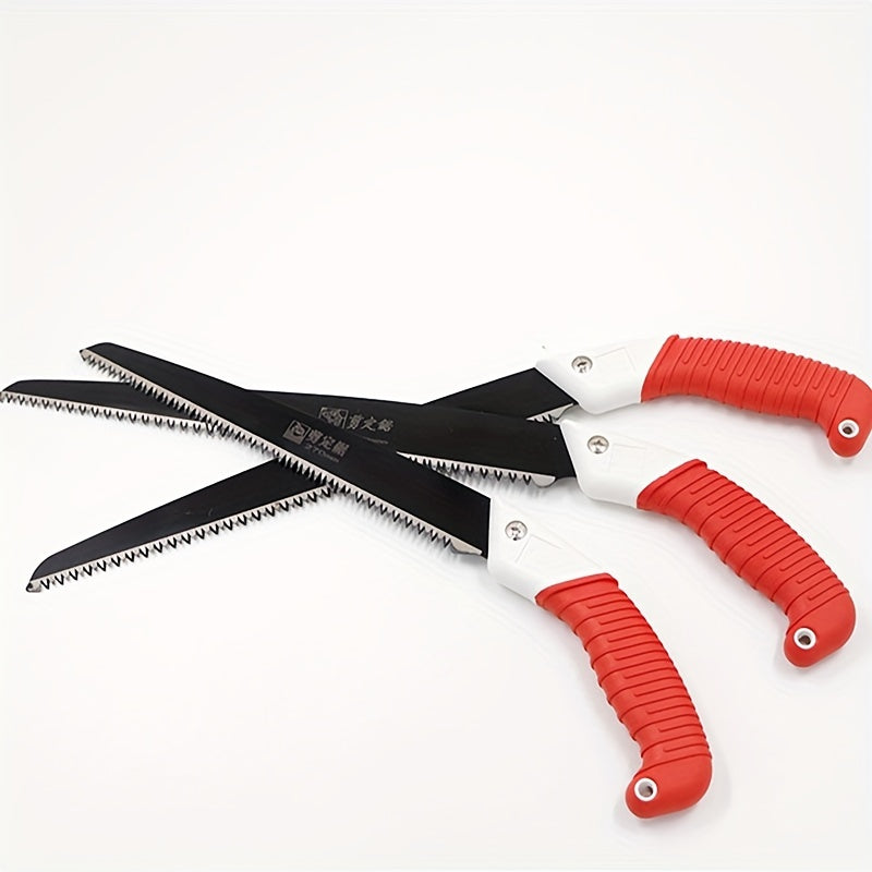 Compact manual hand saw for trees and garden, made of carbon steel for outdoor woodworking and pruning. Includes protective case, suitable for home and outdoor use. Ideal for garden tools