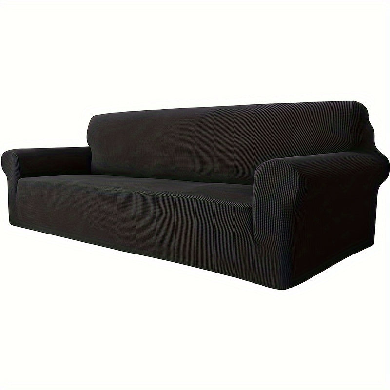 Jacquard fitted sofa slipcover with elastic band, machine washable polar fleece fabric. Compatible with various sofa sizes. Protects furniture from dust and cat scratches.