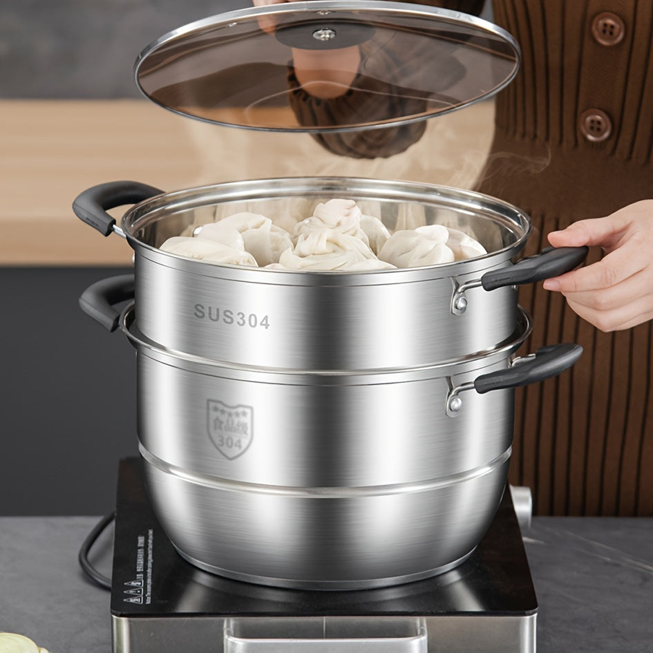 Versatile Stainless Steel Kitchen Set: Features a Stockpot and Steamer with Comfortable Silicone Handles