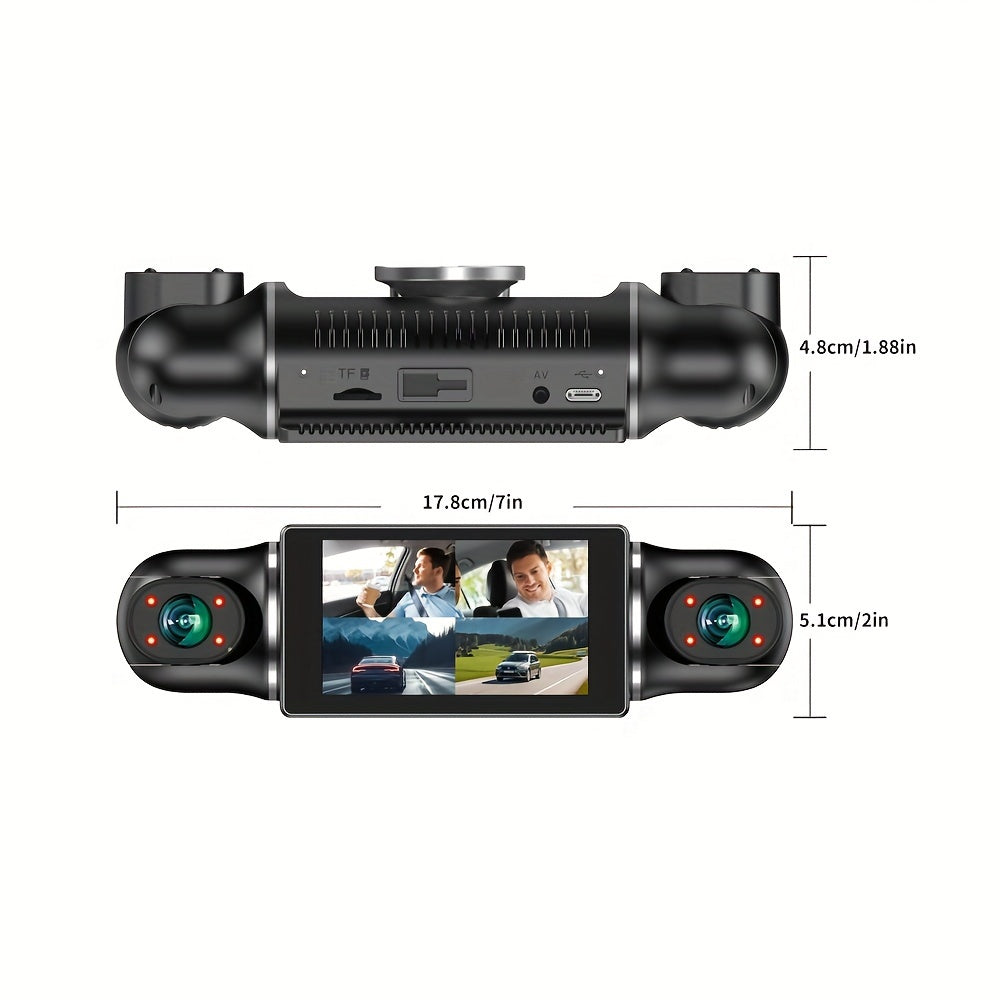 Four-channel front, rear, left, and right dash camera with 360° rotatable and built-in WiFi, loop recording, night vision, G-sensor, and WDR.