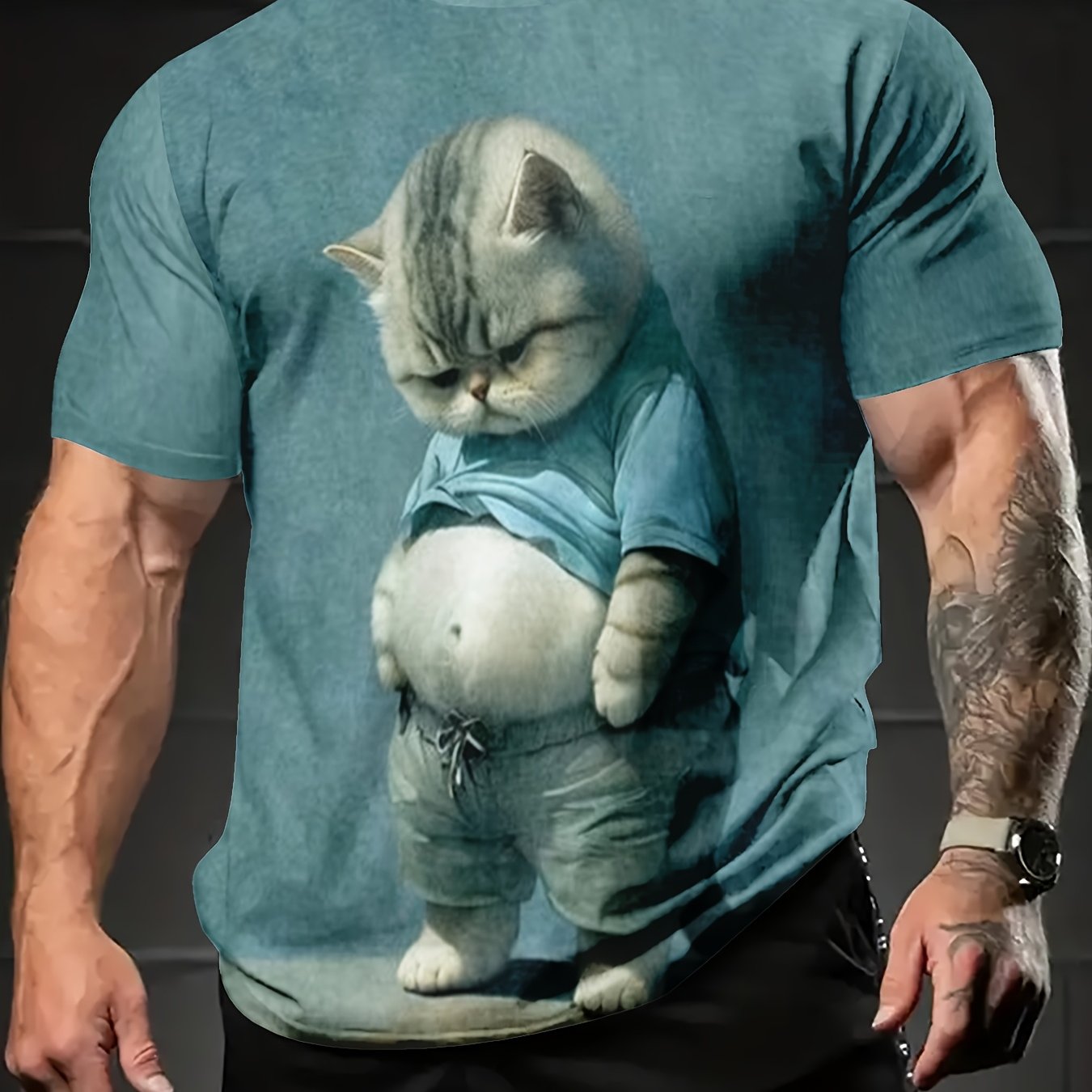 Men's Novelty 3D Cat Print T-Shirt, Polyester Crew Neck Short Sleeve Tee.