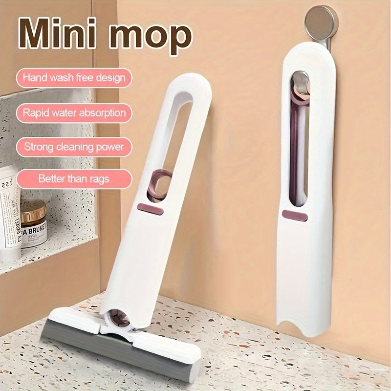 Portable mini mop set includes 2/4 extra pads for versatile cleaning on countertops, windows, and tiles in the kitchen, bathroom, and office. Made of durable plastic with no power required, this handheld cleaning kit is ideal for on-the-go use.