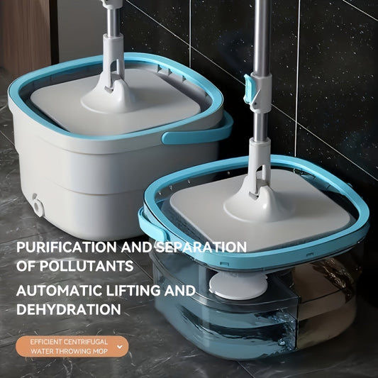 Effortlessly clean floors with the Square Spin Mop and Bucket System. This hand-free system features easy wringing and pollutant separation, making it perfect for any room in your home. The durable plastic construction requires no electricity and