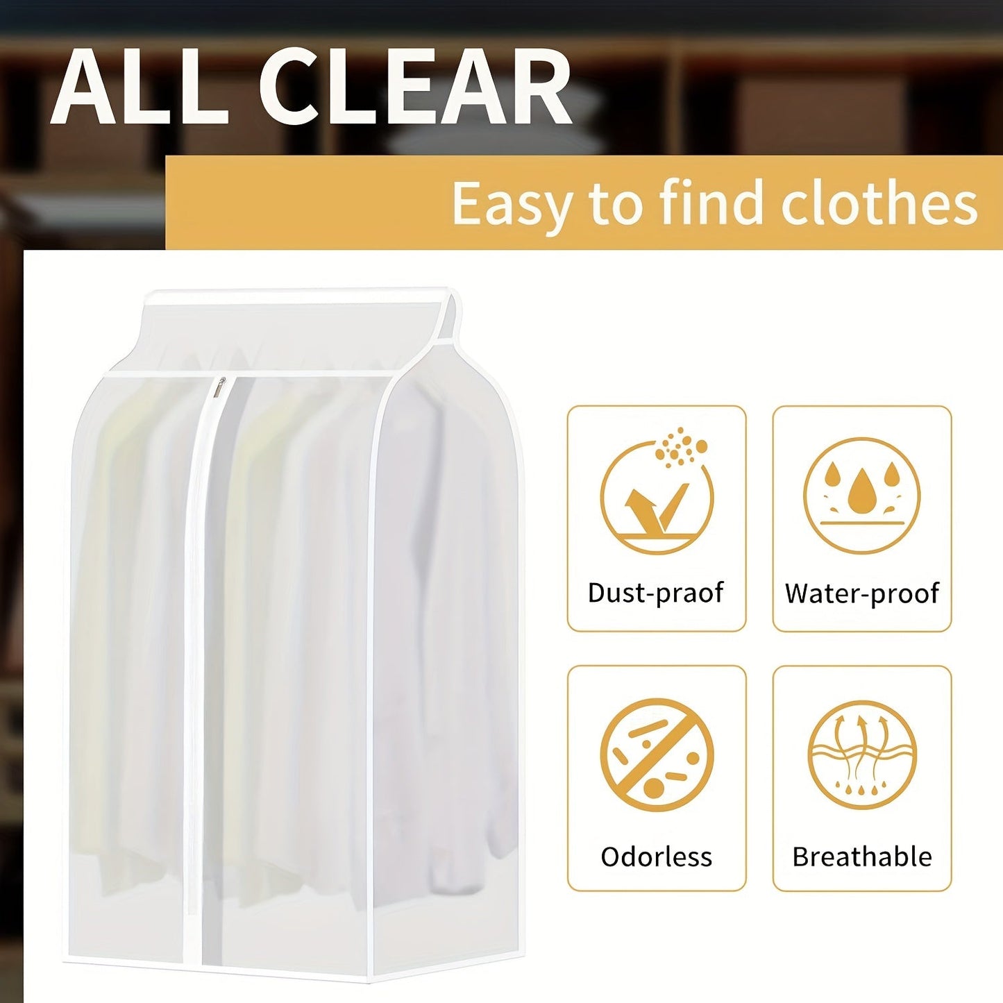 Large capacity translucent garment bag with zipper, designed to protect your suits, jackets, and dresses from dust and water. This space-saving wardrobe organizer features a sealed bottom for efficient clothes storage.