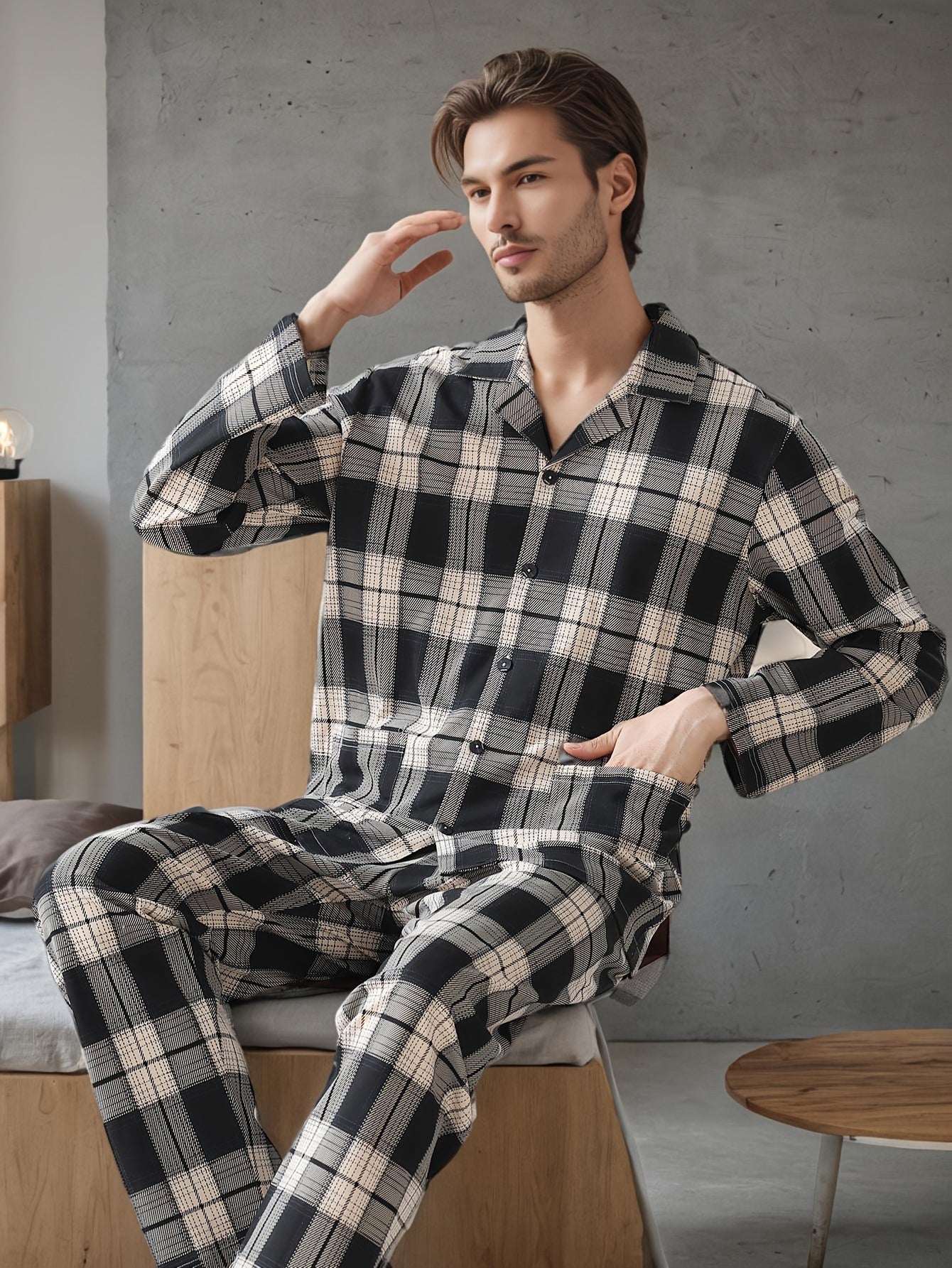 Men's plaid pajama set with long sleeves, lapel collar, slight stretch, and casual style. Made of 95% polyester and 5% elastane. Suitable for spring/fall.