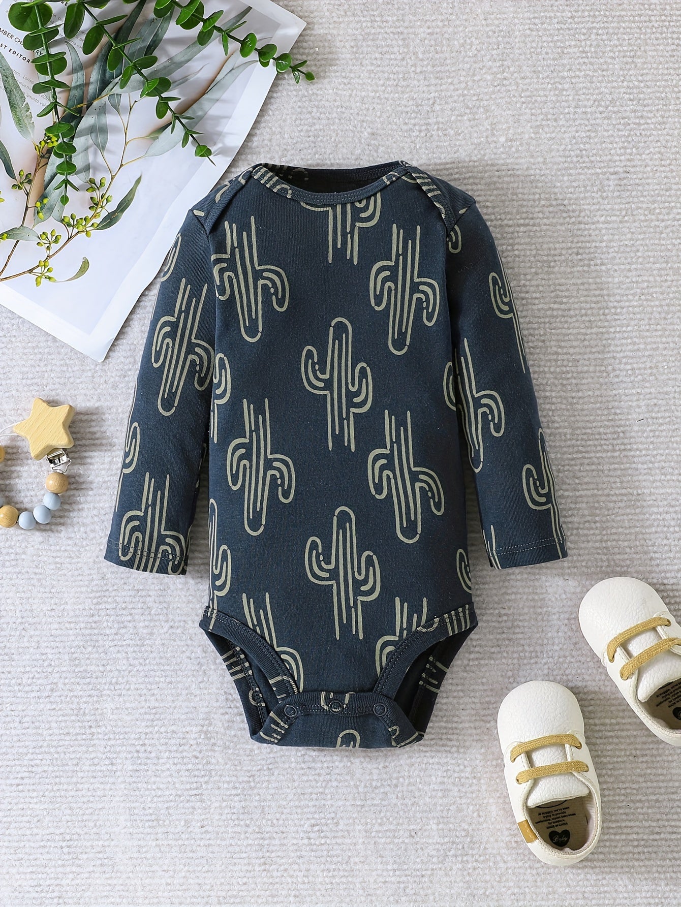 Cactus Pattern Cotton Bodysuit, 5pcs for Baby Boys, Ideal for Spring & Fall Outdoors