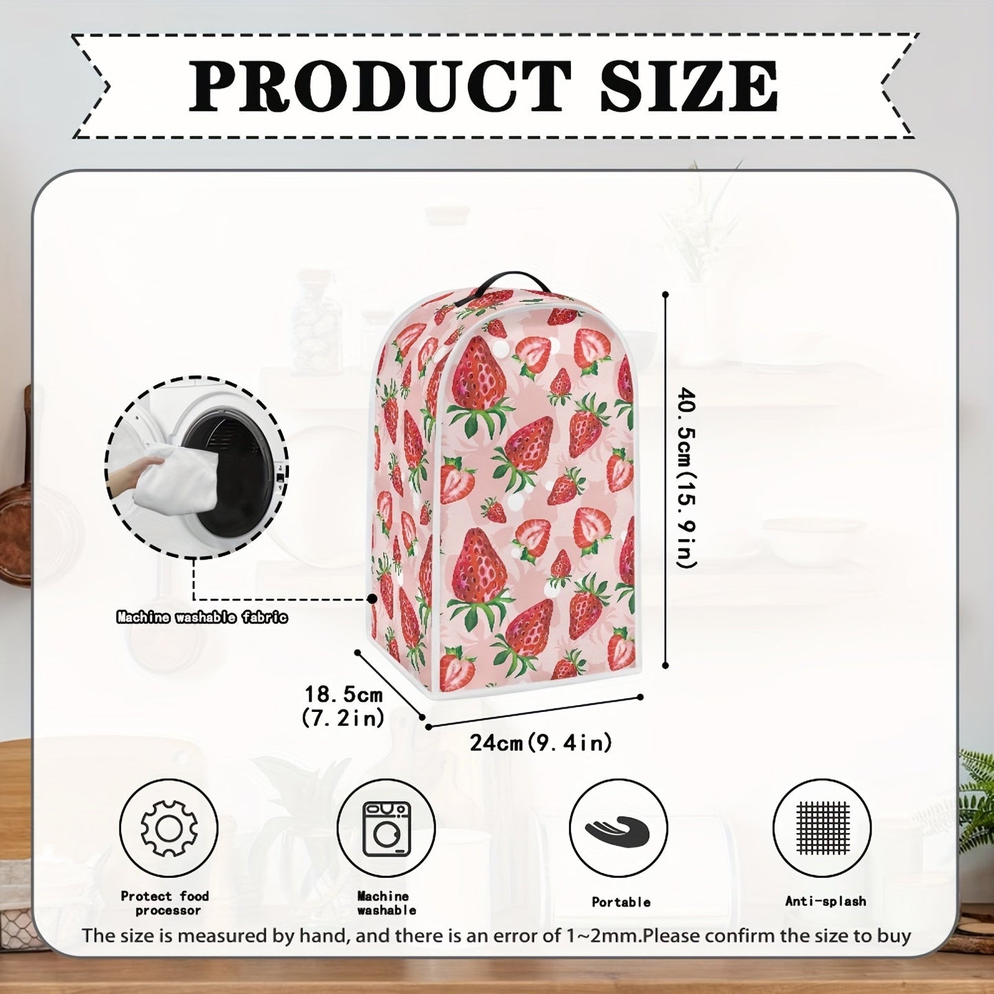 Protect your kitchen appliances in style with a 1pc Strawberry-Themed Blender Dust Cover. This cover comes with a convenient top handle, making it easy to remove and put on. It is anti-fingerprint and pink in color, adding a touch of fun to your kitchen.