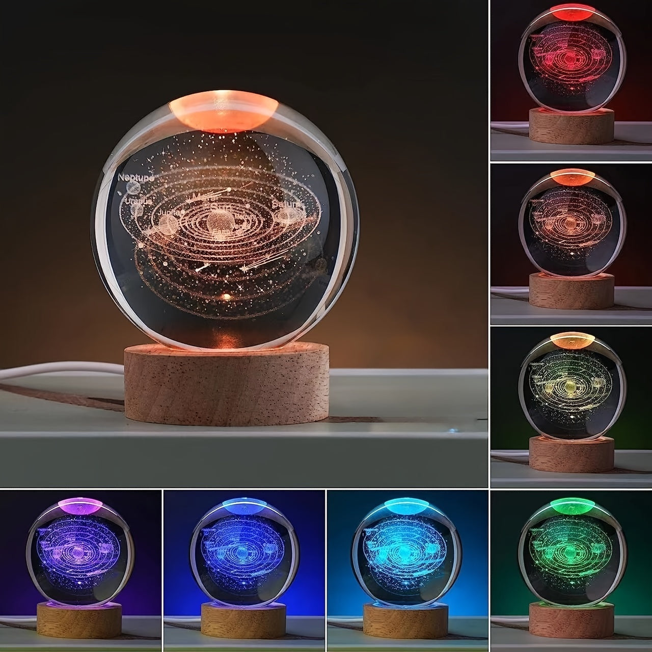 USB-powered crystal ball night light with wooden base, LED tabletop lamp for bedroom, energy efficient uplight with countertop mounting, accessory included, no battery needed.