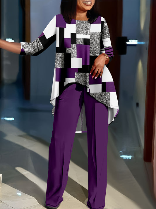 Geometric print top with long sleeves paired with solid color pants set for plus-size women.