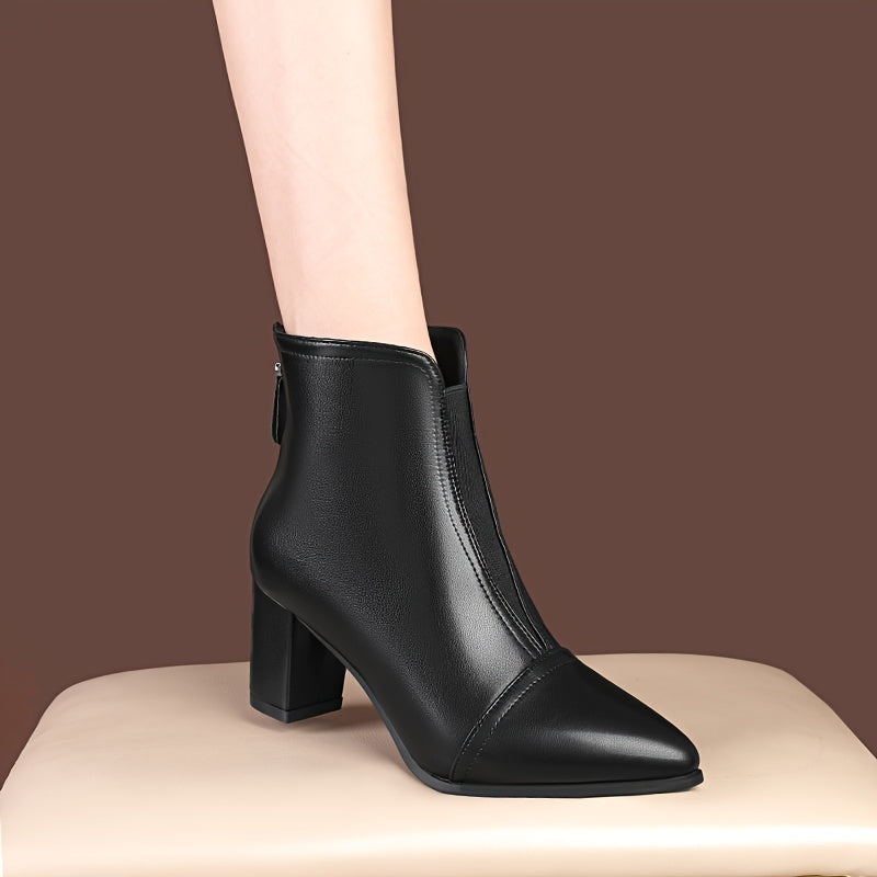 French black ankle boots with a mid-heel, pointed toe, and versatile style for women's winter.