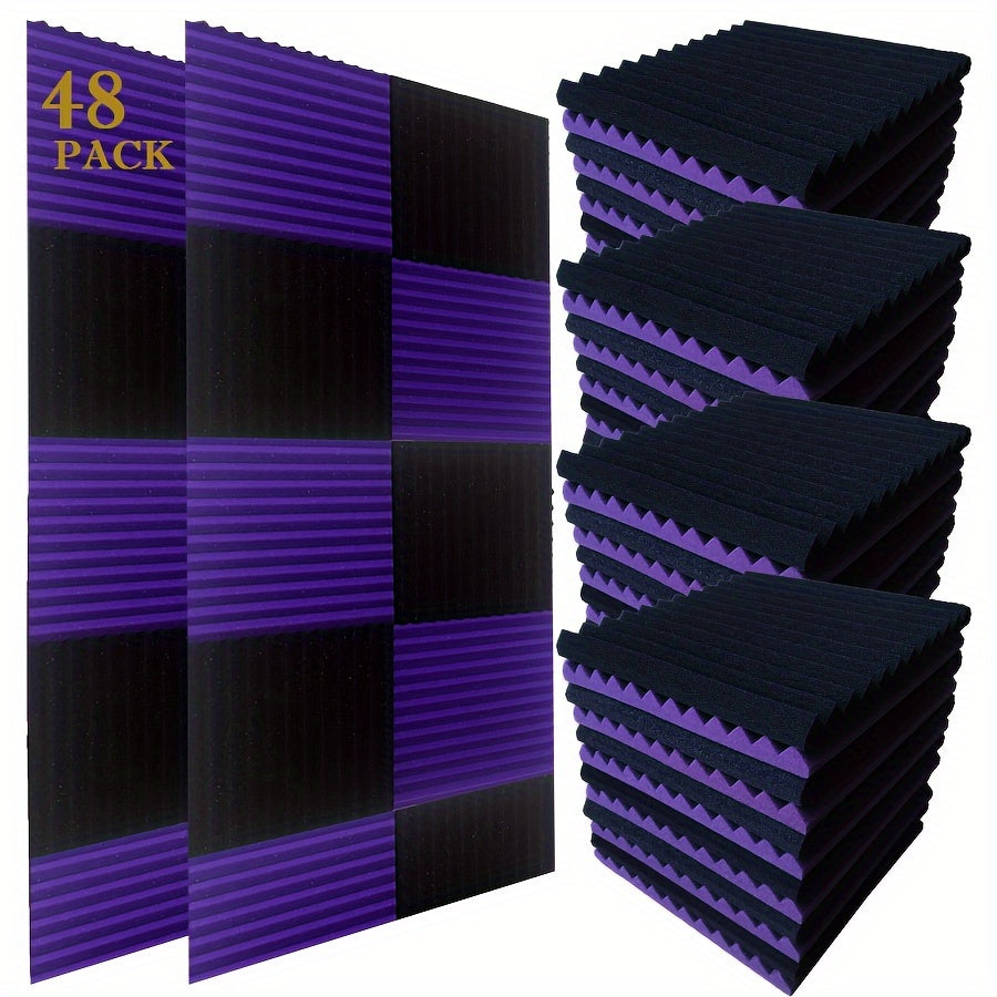 48 Black and Purple Foam Acoustic Wedges - 30.48cm x 30.48cm x 2.54cm for Studio Recording, Noise Reduction, and Instrument Isolation. Wedge pattern design with textured surface.