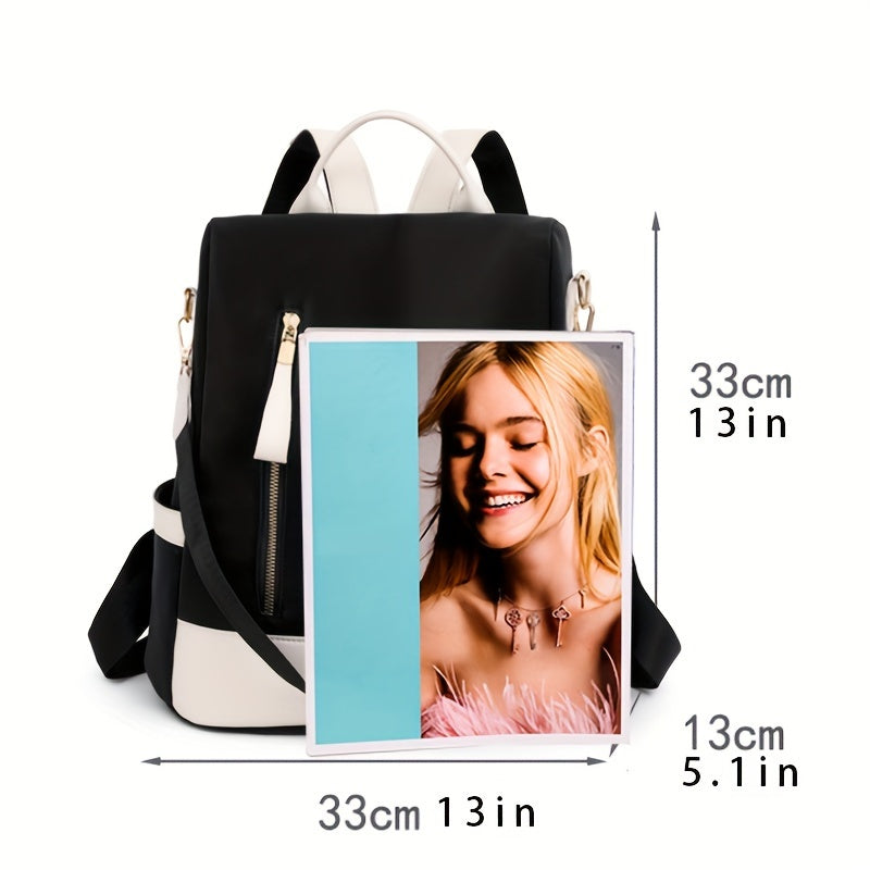 Stylish anti-theft backpack for women, made of lightweight, durable nylon with laptop compartment. Comes in pink, blue, and black.