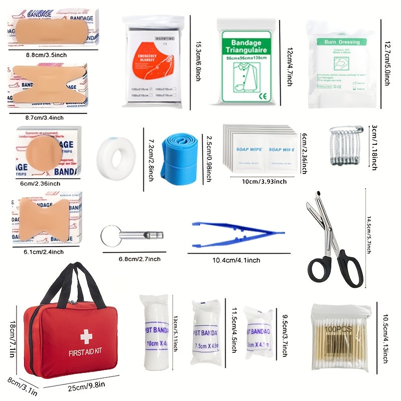 Luxury First Aid Kit (200/210pcs) in Red, with Scissors and Essential Items for Hunting, Hiking, and Camping Emergencies