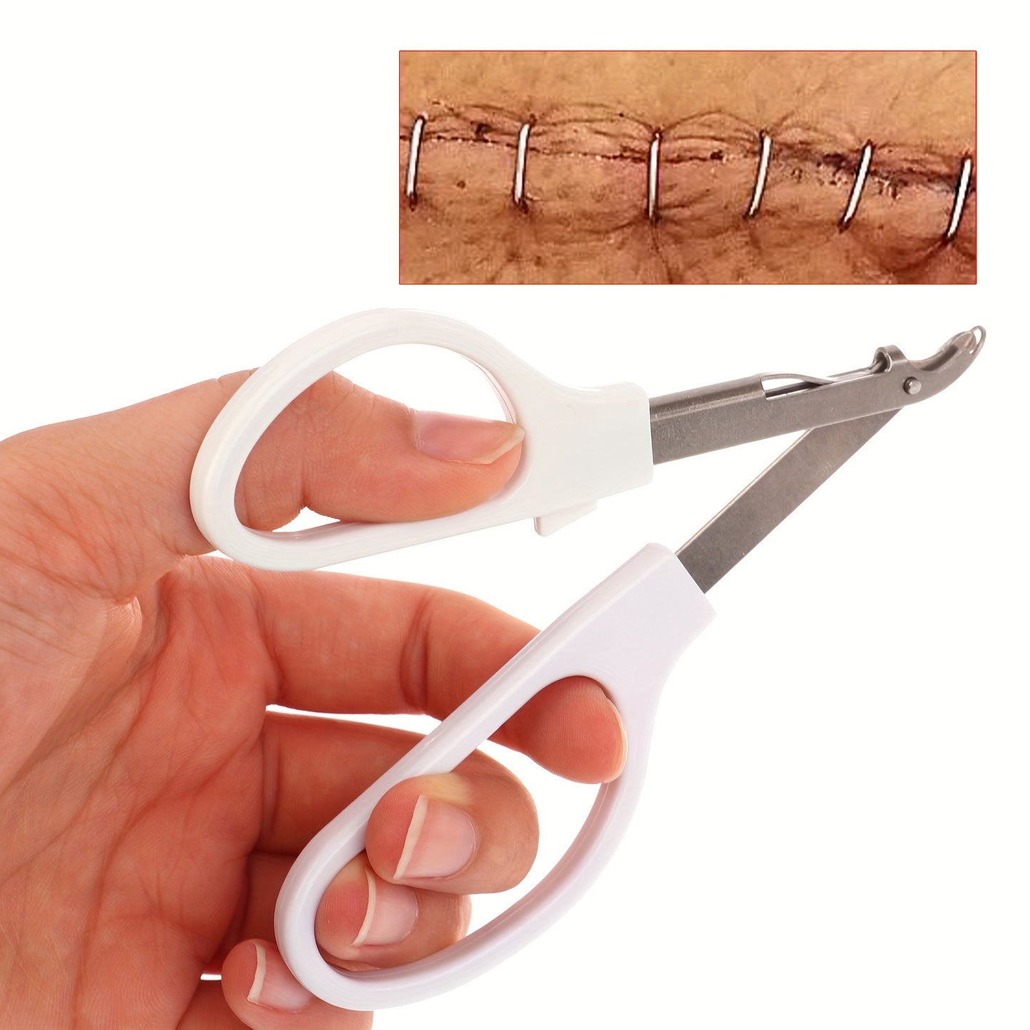 Comfortable stainless steel suture remover tool designed for precise stitch removal in medical and veterinary settings. Features a white handle for easy handling, ergonomic design, and