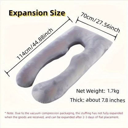 U Shaped Pregnancy Pillow for Sleeping with measurements of 30.0*34.98*19.99 cm. This 1.7kg pillow comes with a removable cover and provides support for back, legs, belly, and hips. Perfect for sleeping, reading, and makes a great gift for Christmas