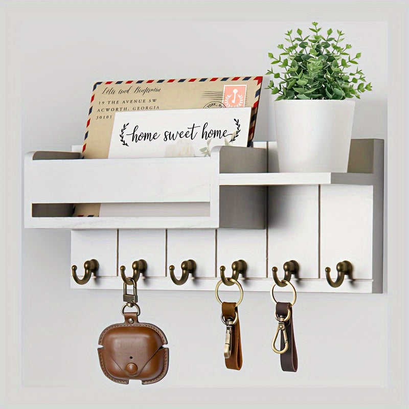 Wooden wall mount key holder with mail organizer and tray, easy to install, farmhouse decor for various rooms, includes wall hooks for keys and accessories.