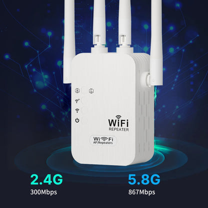 Wifi signal booster with Ethernet port, extends coverage up to 11,000 sq ft, supports 35+ devices, easy one-click setup.