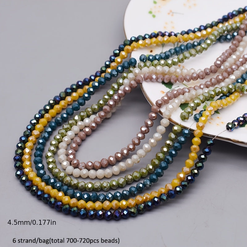 720 pieces of faceted glass rondelle beads measuring 4mm each, sold in a convenient bag. Perfect for crafting jewelry, DIY projects, and adding embellishments to clothing items such as necklaces, bracelets, and more.