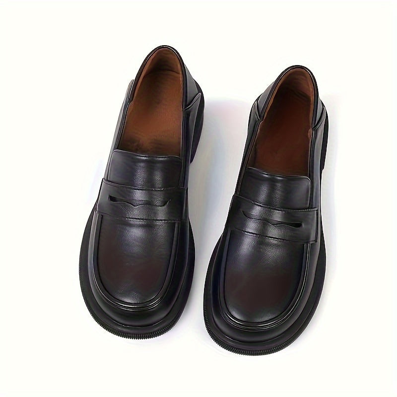 Huizhou-crafted black penny loafers for women, lightweight with rubber sole, round toe, solid color, no embellishments, suitable for all seasons.