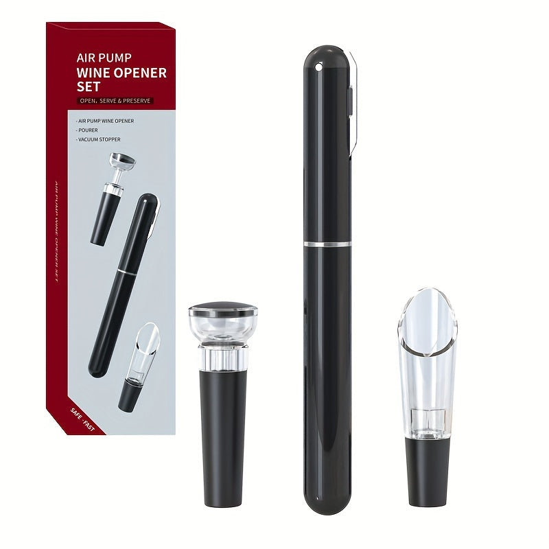 Luxurious wine opener set includes air pump opener, corkscrew, vacuum preserver, and unique wine glass - ideal for holidays and kitchen essentials.