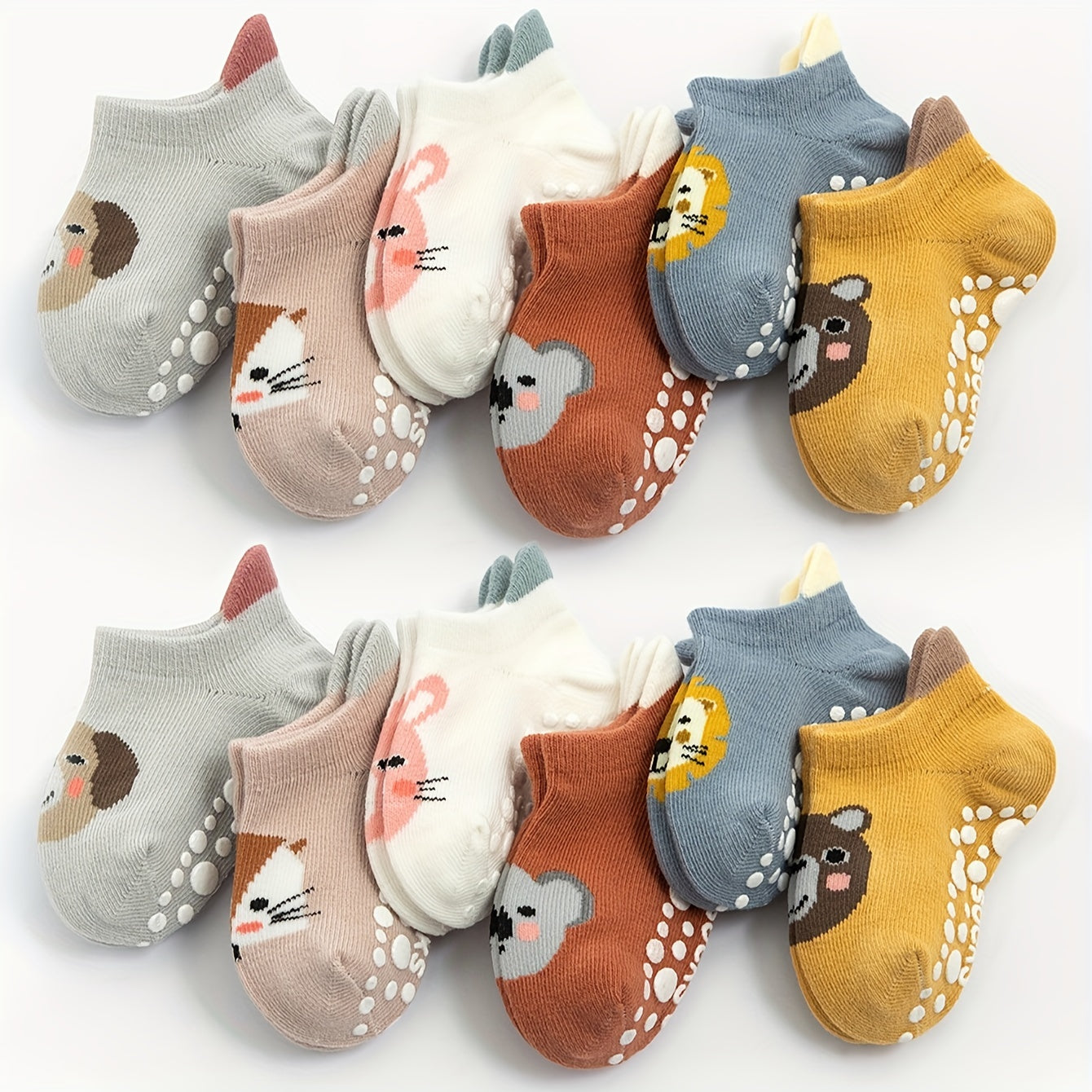 12 pairs of boys' cute cartoon animal patterned non-slip floor socks, soft and breathable for spring and summer.