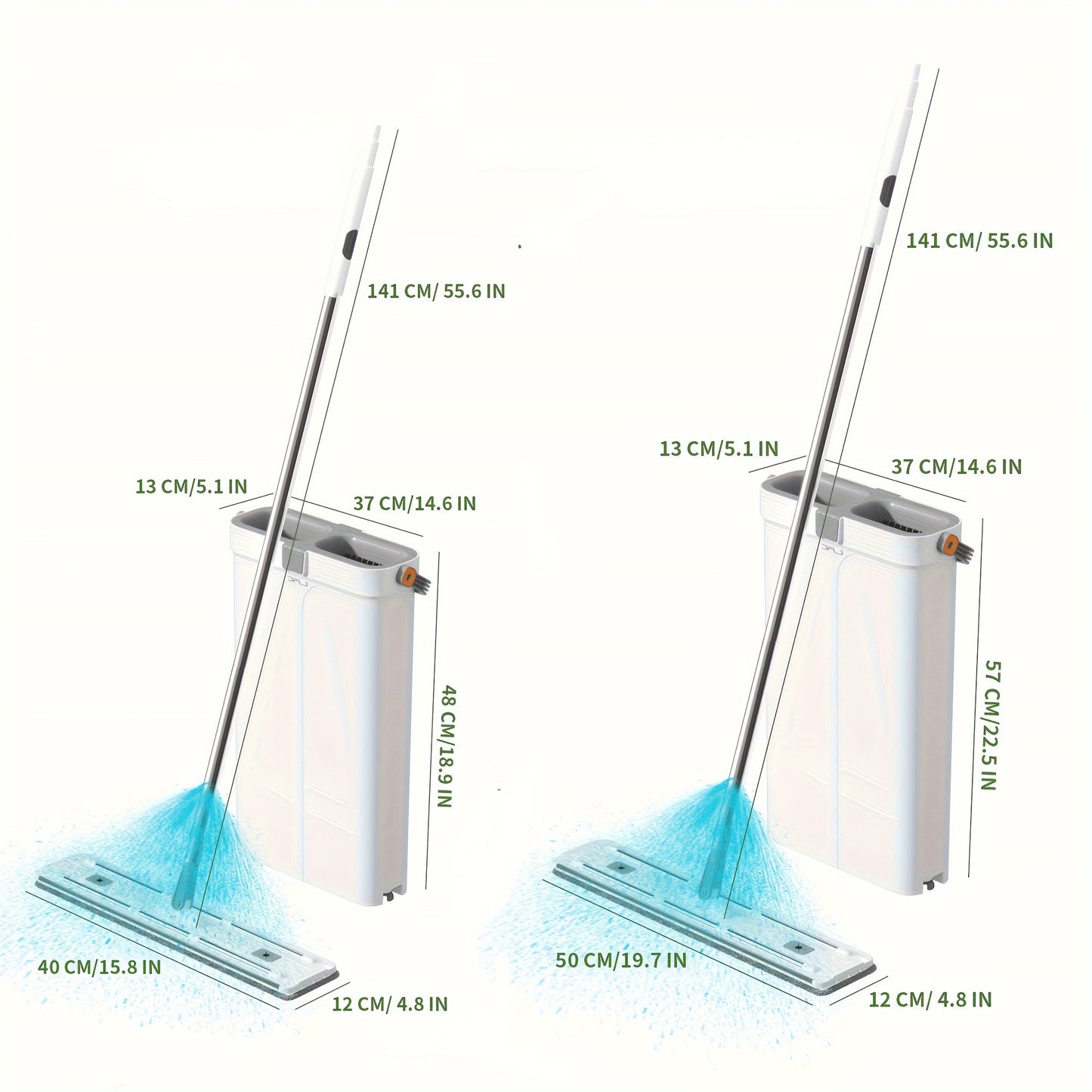 Set of household mop and bucket, comes with two different flat mop styles (regular and water spray), includes 2 mop cloths, scraper, and mop clip. Features 360° rotatable head and 45° automatic rebound. Extra large mop for efficient cleaning, perfect for