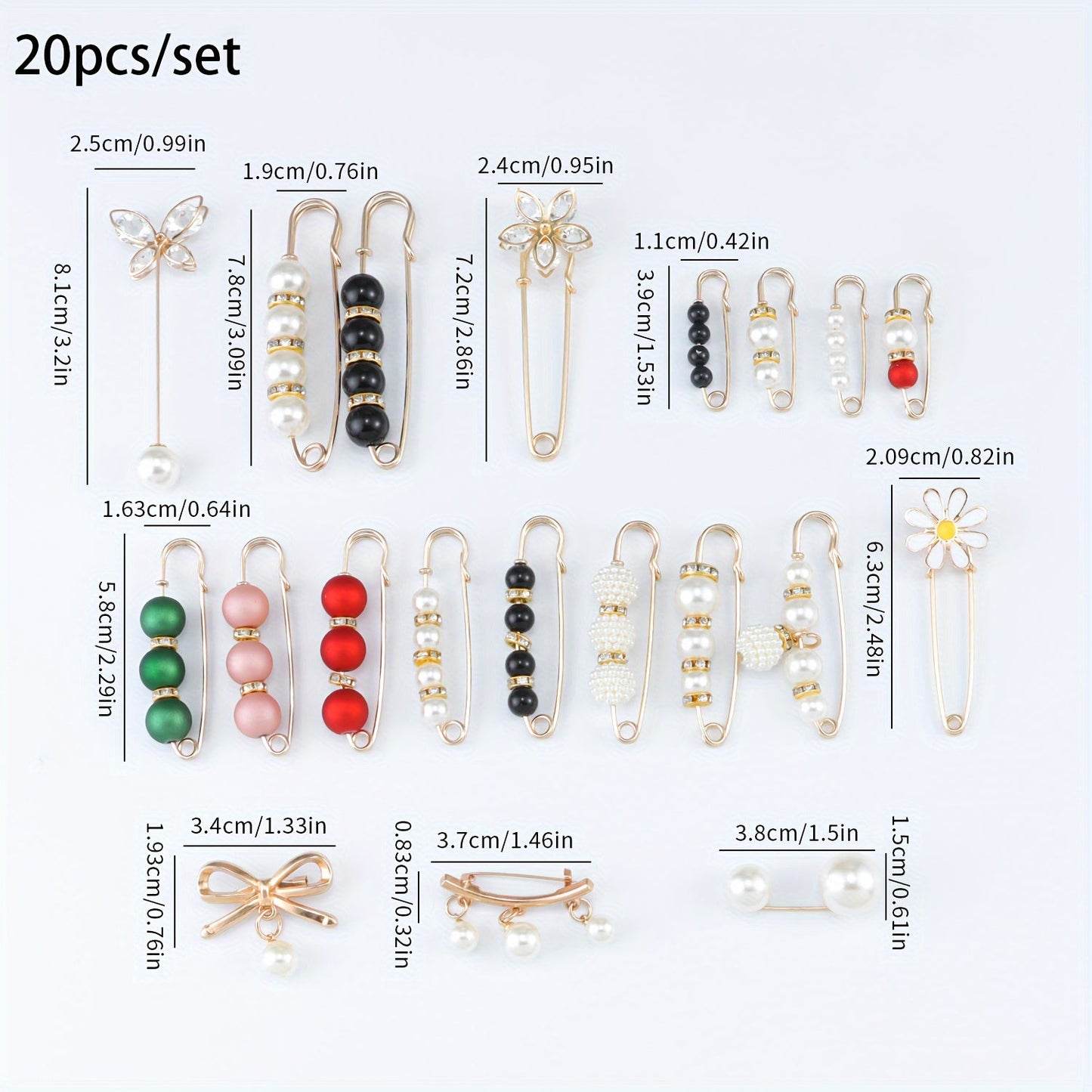 Set of 20 Elegant Minimalist Mixed Brooch Pins with Pearl Embellishments. These Safety Pins feature Irregular Shapes and are Versatile Fashion Accessories for Scarves, Dresses, and Waist Cinchers. Add a touch of Decorative Jewelry to your Clothing.