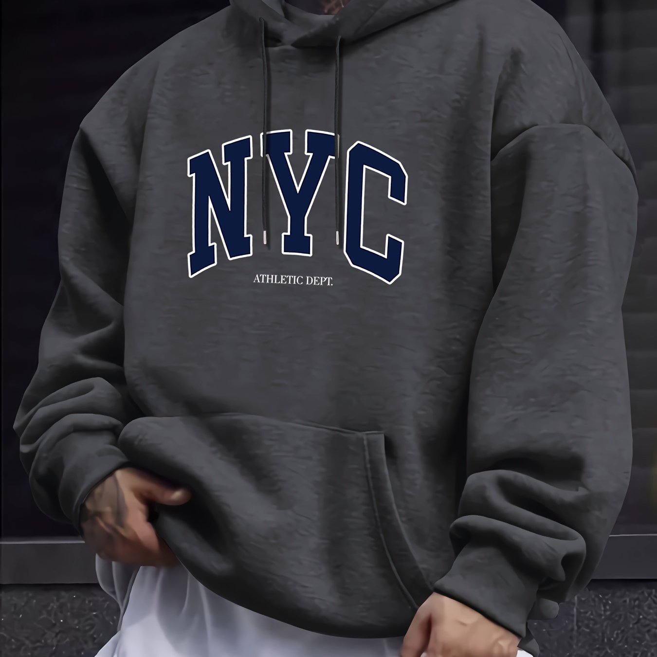 NYC print hooded pullover with kangaroo pocket, ideal for fall and winter, for plus size men.