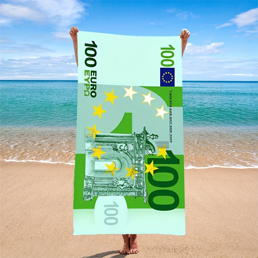 Euro pattern beach towel made of soft microfiber, ideal for outdoor activities and beach vacations.