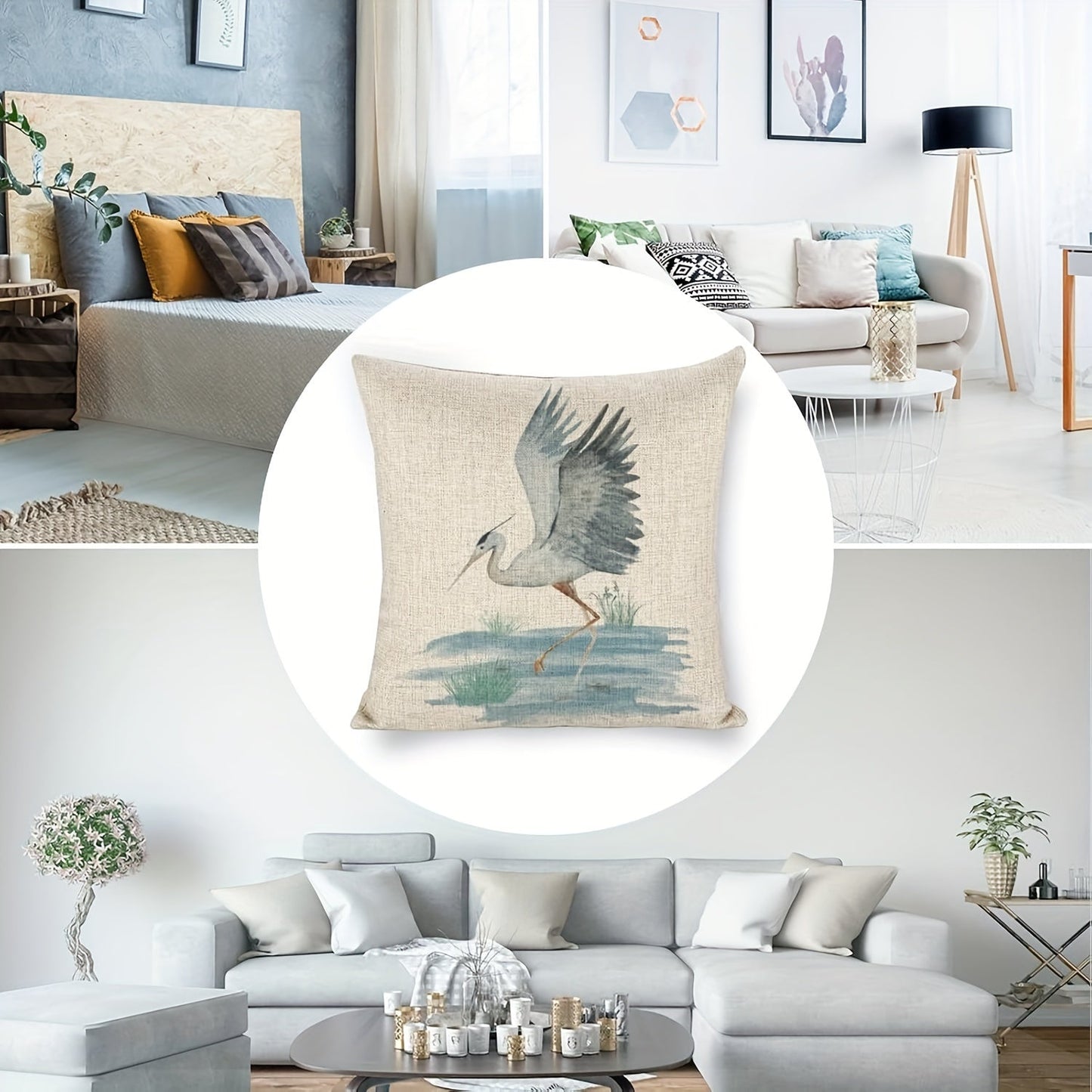 Elevate your decor with the 1pc Elegant Heron Bird Linen Pillowcase. This contemporary style pillowcase features a zipper closure for easy removal and machine washable convenience. The single-sided print showcases a stunning beige design with a blue/gray