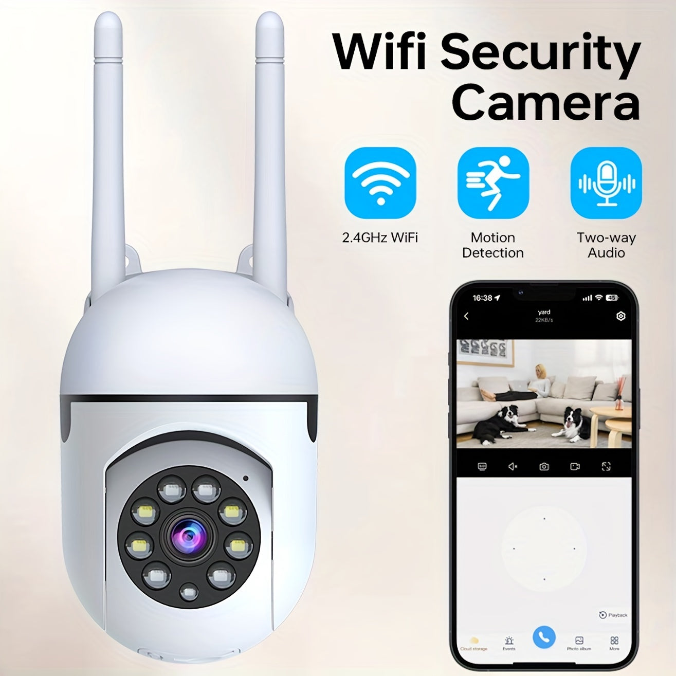 Four 1080P HD WiFi security cameras with wall mounting, night vision, app control, motion and audio alerts, USB power, 360° horizontal and 90° vertical rotation, indoor surveillance with