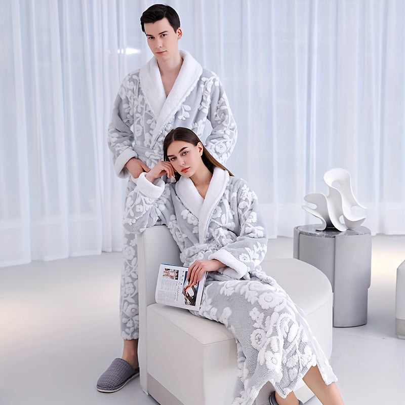 1pc Unisex Thickened Long Bathrobe with Flower Pattern, Ideal for Couples. Ideal for Home and Bathroom use.