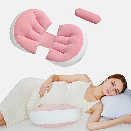 SoftTouch U-Shaped Pregnancy Pillow with Adjustable Full Body Support. Ideal for Side Sleeping and provides Multi-Functional Relief for Back, Waist, Abdomen, and Legs. Features a Detachable and Washable Polyester Fiber Breastfeeding Pillow.