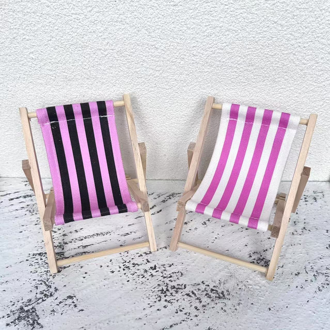 Set of 2 Mini Foldable Beach Chairs - Coastal Wooden and Fabric Design, Ideal for Wedding Decor, Desktop Decoration, Phone Holder, and Photography Prop