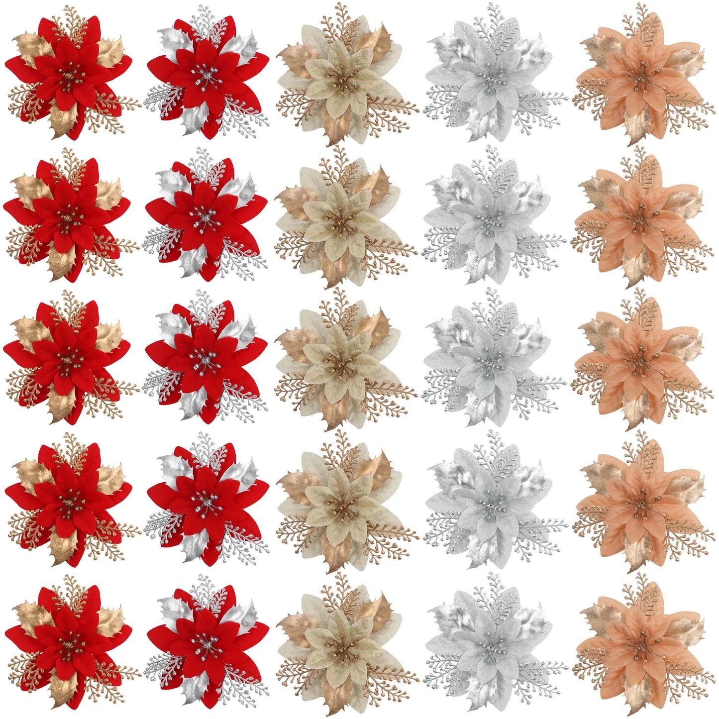 12 shiny artificial poinsettia flowers, red and golden Christmas tree wreath for weddings and parties - perfect for holiday celebrations.