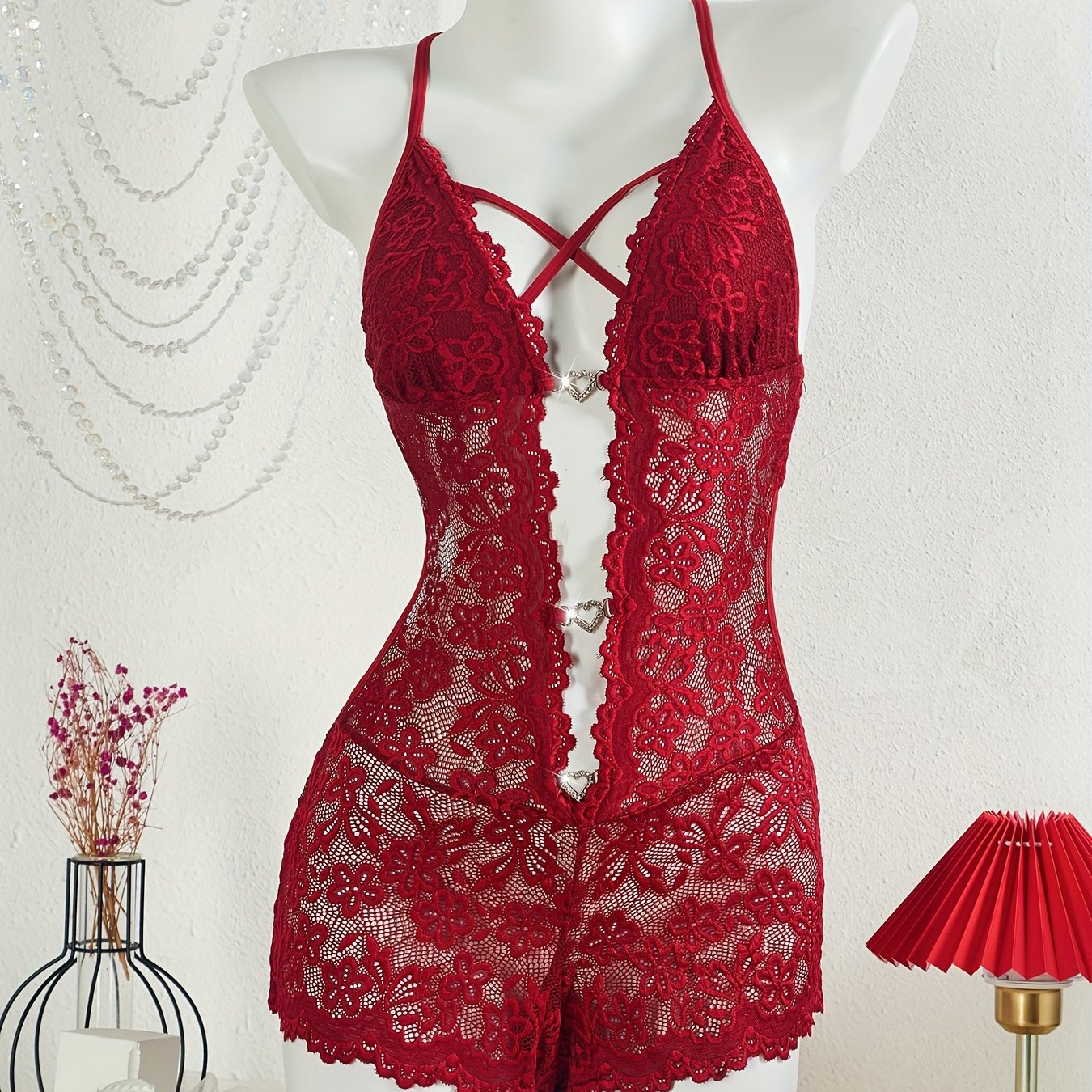 Lace teddy and heart ring linked bodysuit - sexy lingerie for women