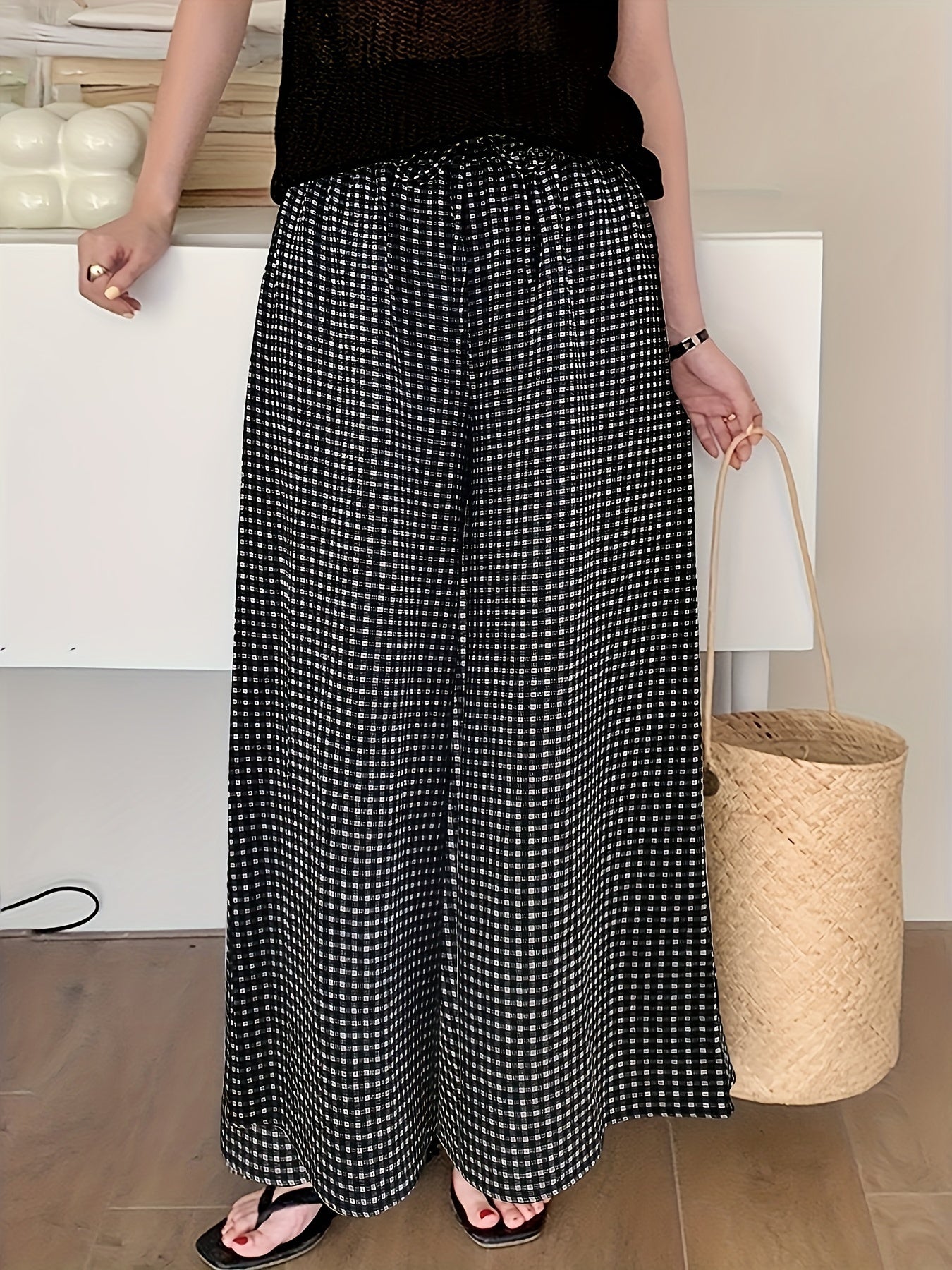 Plaid print wide leg pants with drawstring waist, perfect for spring and summer.