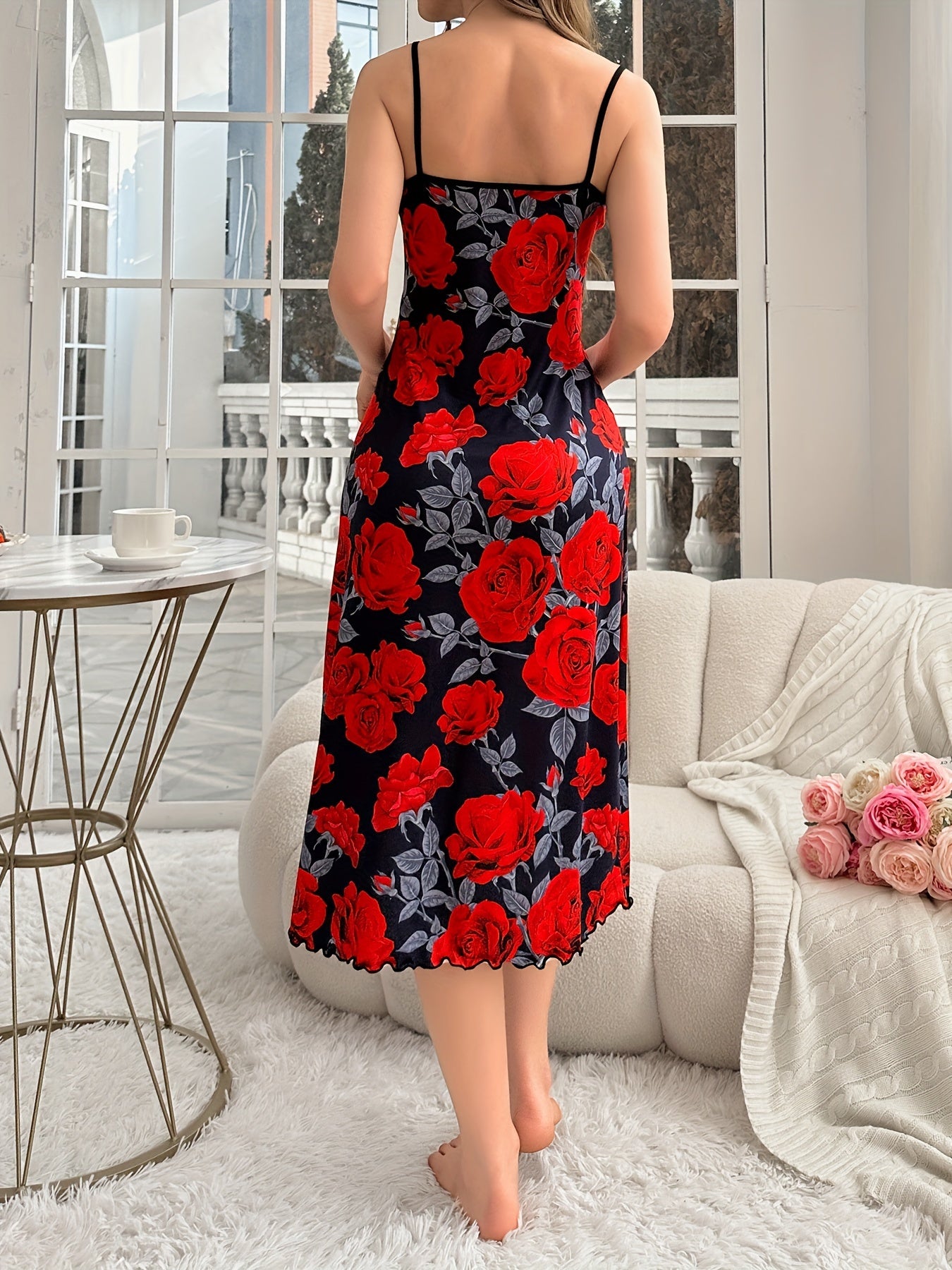 Valentine's Gifts: Rose Print Lettuce Trim Slip Nightdress with Round Neck and Backless Midi Design for Women's Sleepwear.