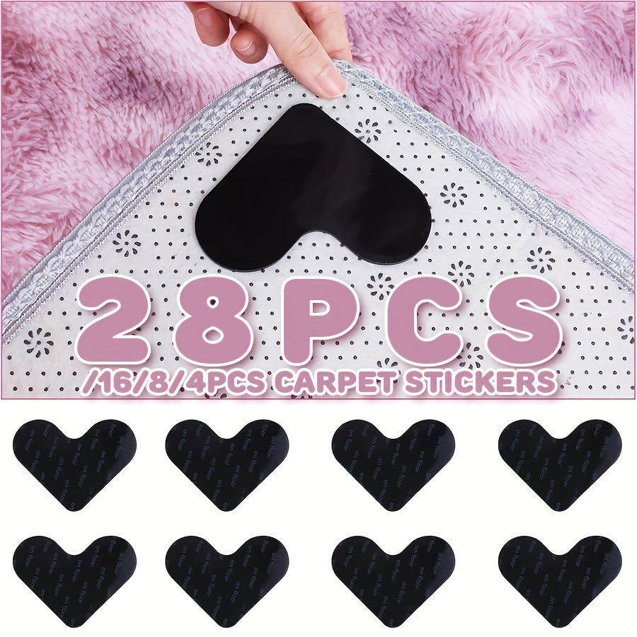 Heart-shaped carpet stickers are now available in packs of 4, 8, 16, or 28 to help prevent rugs from slipping and rolling at the edges. Easily cut to fit any size rug.