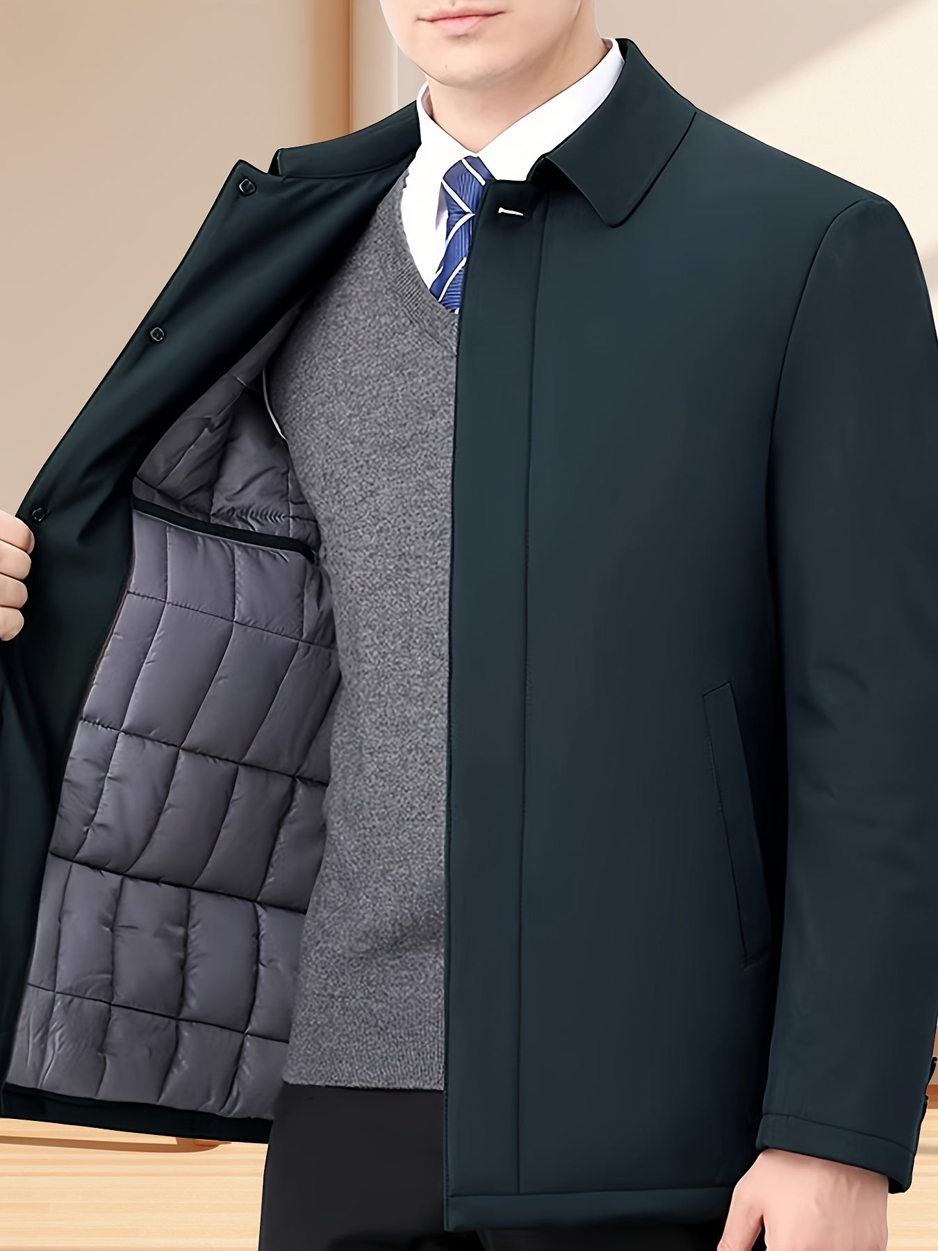 Men's premium solid color fall/winter jacket made of thickened polyester for warmth, featuring a lapel collar, regular fit, and fully lined for elderly men.