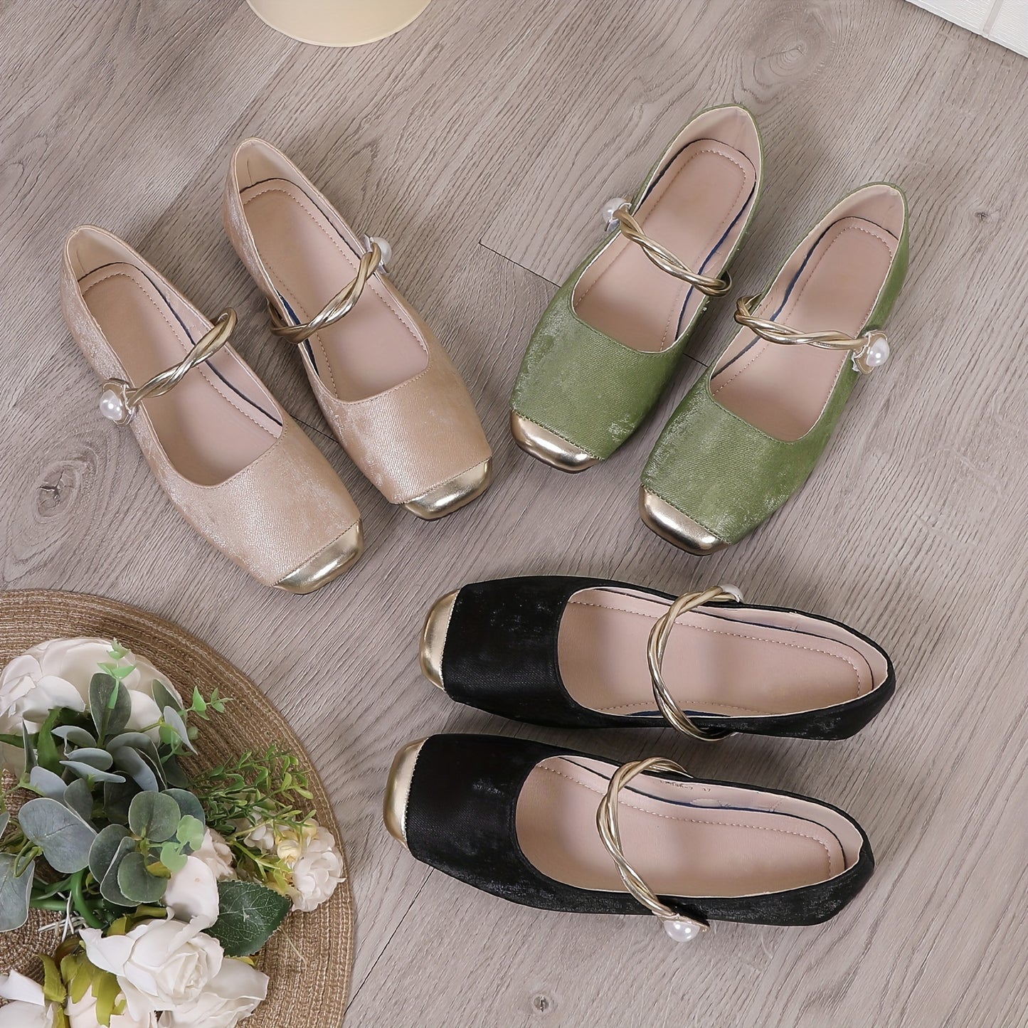 Women's elegant flat shoes with faux pearl decor, square toe, and ankle strap for lightweight comfort.