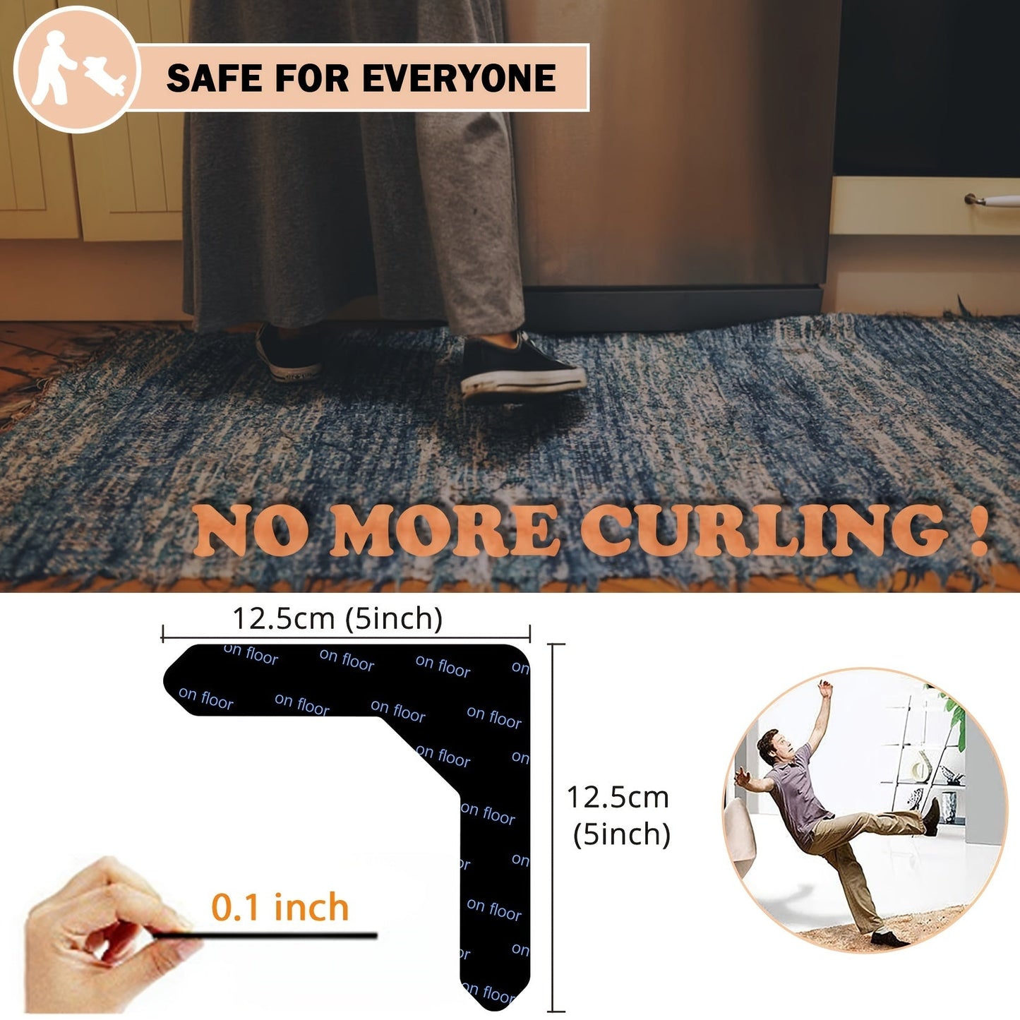 4 or 8 pieces of high-quality non-slip carpet stickers designed to prevent rugs from slipping and rolling in the living room, dining room, or bathroom. These stickers are black in color and measure 12.5cm x 12.5cm (5in x 5in).