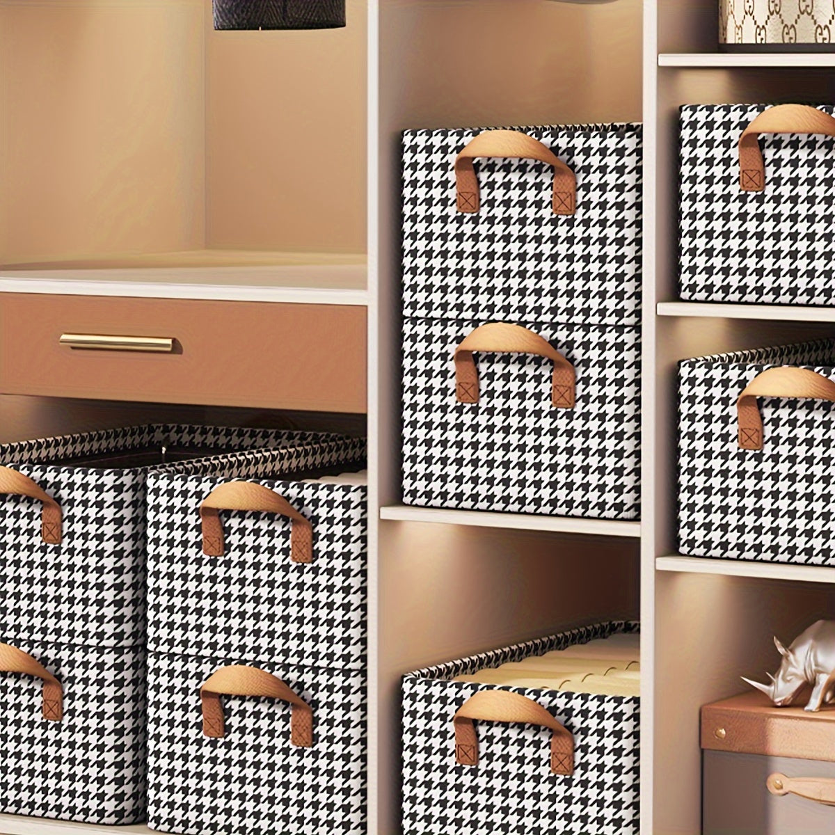 Boho Style Polyester Blend Storage Box with Flip Top Lid, Rectangle foldable wardrobe organizer for clothes and socks. This multipurpose non-waterproof closet organization basket features a stylish houndstooth pattern and foldable design. Perfect for