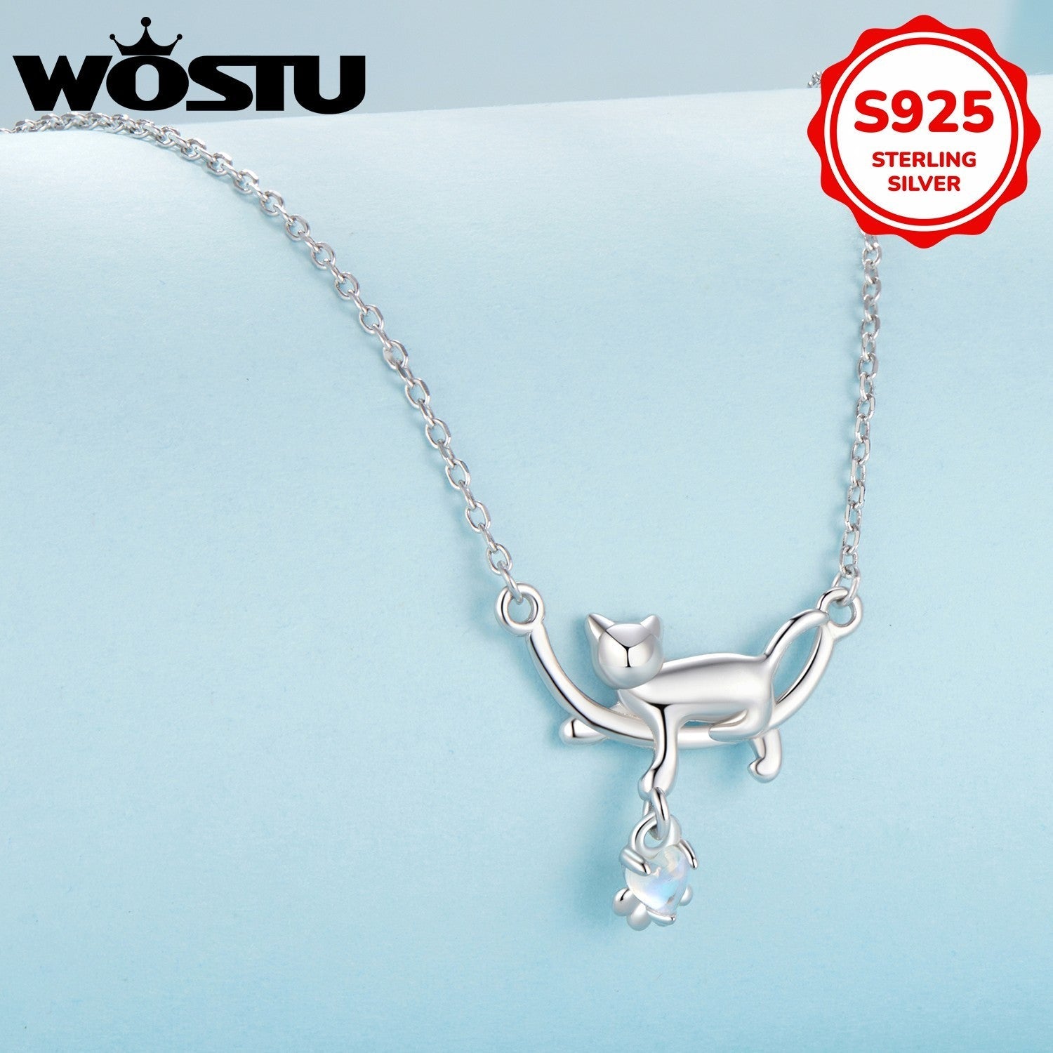 WhimsyCat Cartoon Cat Pendant Necklace in 925 Sterling Silver with Moonstone, Adorable Jewelry for Women, Great for Everyday Wear and Gifting, Ideal Valentine's Day Gift, Lightweight at 3.7g, Pendant for Him or Her