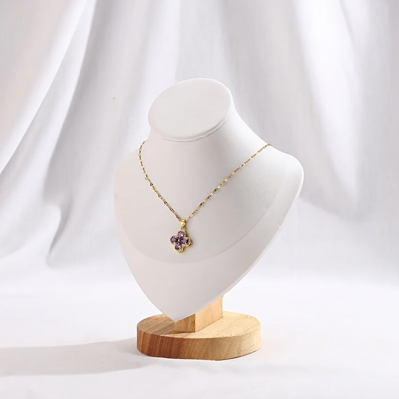 Wooden mannequin jewelry stand for displaying necklaces on dresser or window, ideal for home organization or retail showcasing.