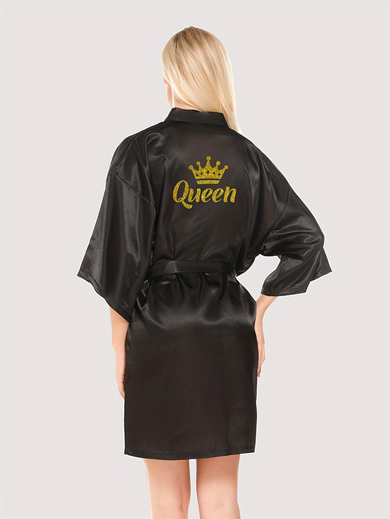 Queen letter pattern night robe with 3/4 sleeves, V-neck, belt, and women's sleepwear.