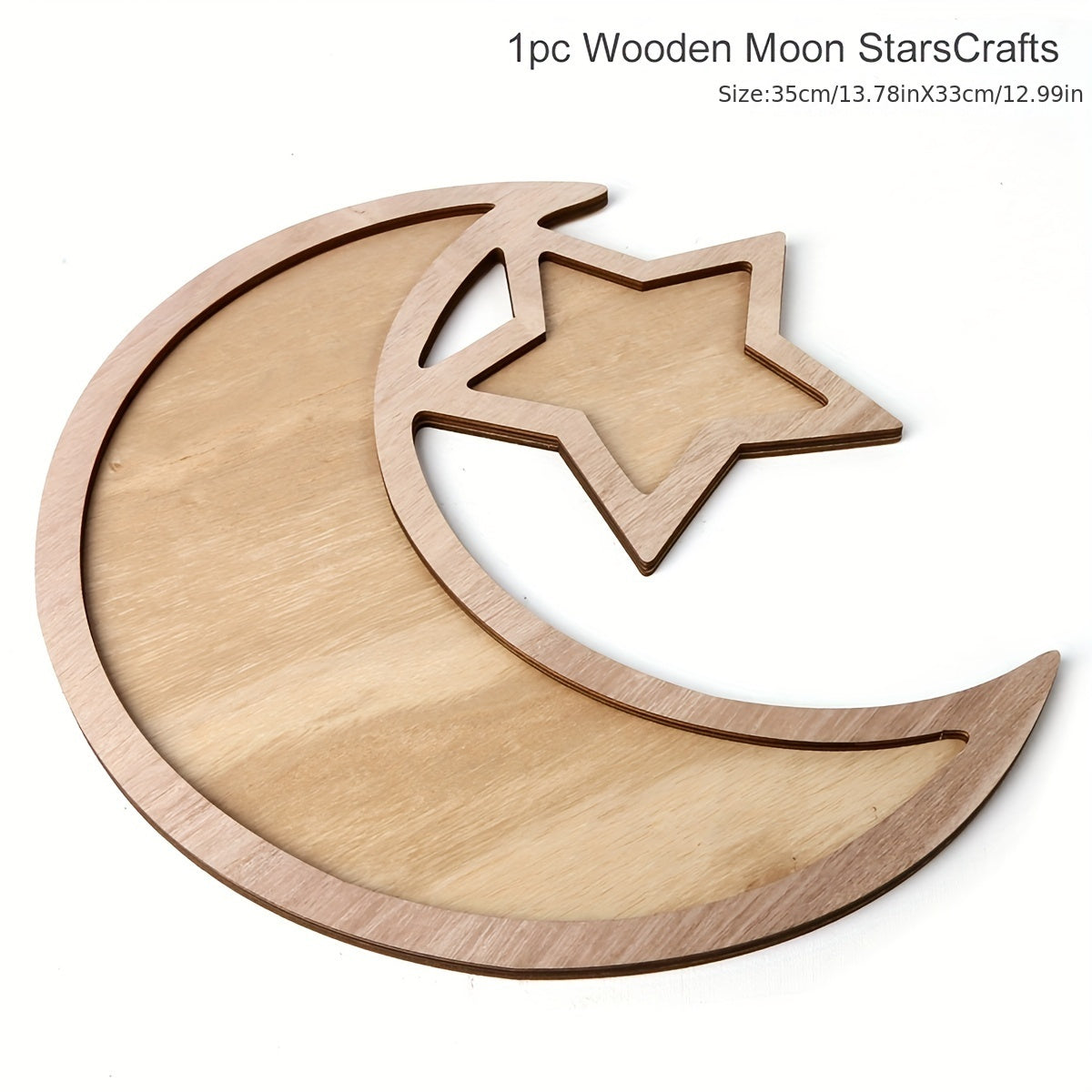 Eid Mubarak wooden dessert tray with moon and star design, ideal for Ramadan decor and Islamic celebrations, no batteries needed.